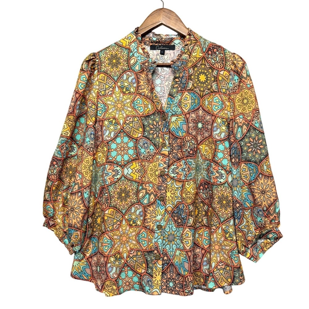 Calessa Blouse Women L Button Front Art to Wear Geometric Mosaic Boho Split Neck